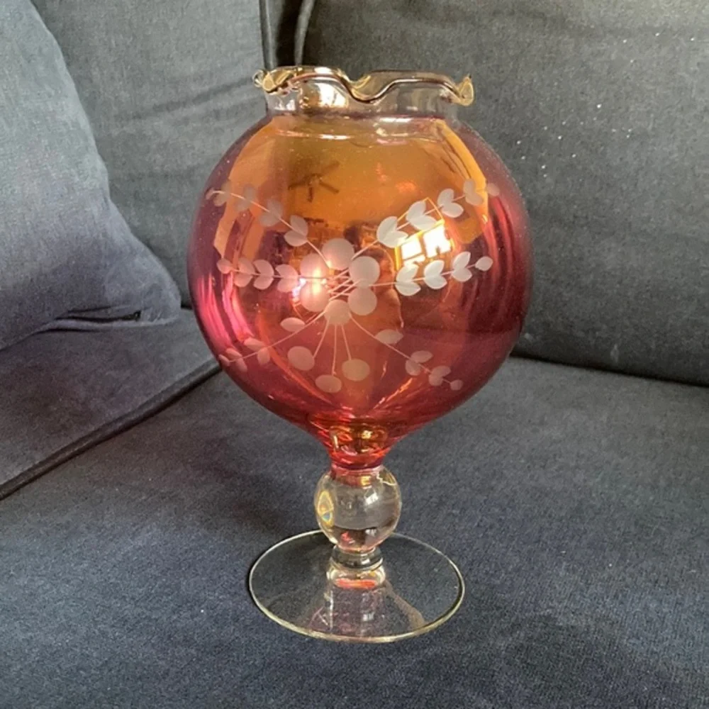 Vintage cranberry ruffle edged pedestal goblet flower bowl